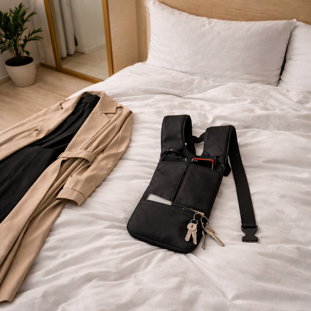 Sac bandoulière antivol noir posé sur un lit blanc avec clés et téléphone