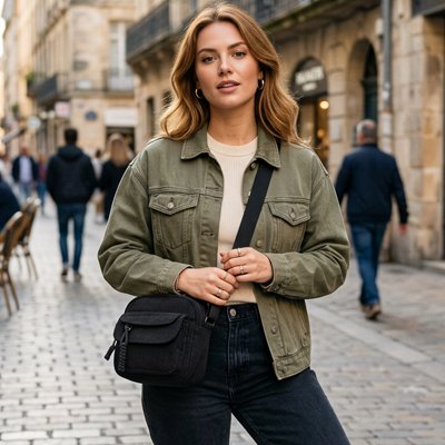 Sac bandoulière femme noir, porté en travers du corps