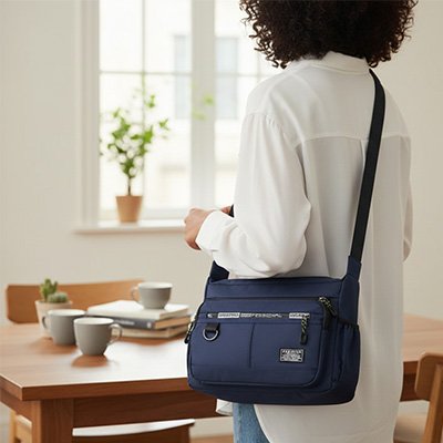 SAC BANDOULIERE HOMME bleu porté par une femme 