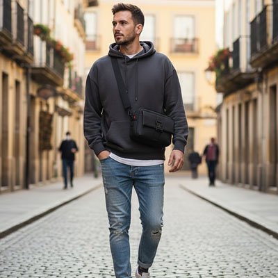 Sac bandoulière homme en gros plan avec détail fermeture zippée 