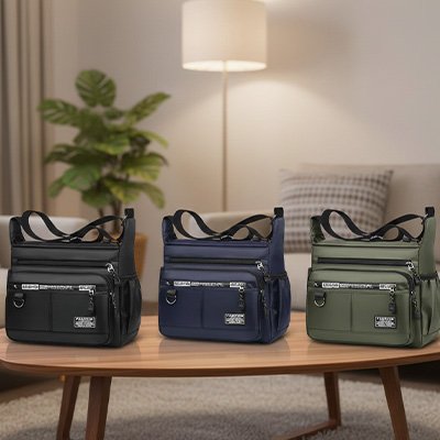 SAC BANDOULIERE HOMME en trois couleur sur une table basse