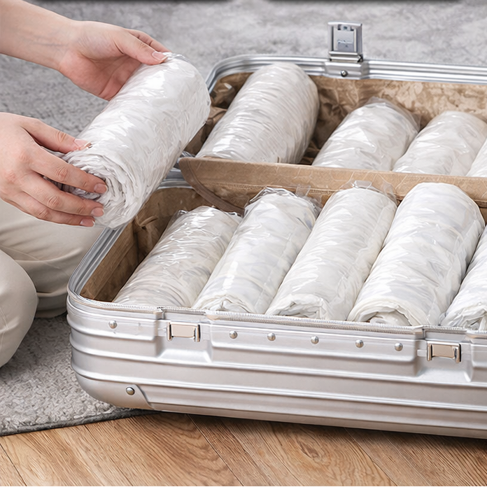 Sac de compression avec vêtements roules et ranges dans une valise pour un rangement ordonne et un gain de place efficace