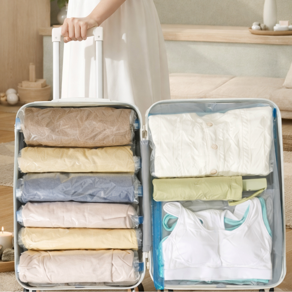 Sac de compression utilise dans une valise pour organiser et compresser les vêtements tout en facilitant le transport lors du voyage