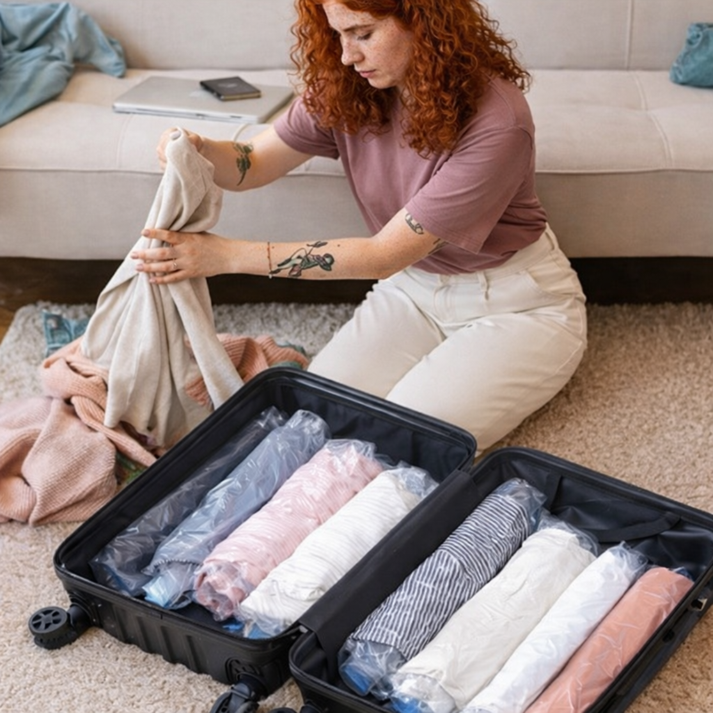 Sac de compression range dans une valise ouverte avec vêtements roules pour optimiser l espace et organiser efficacement le voyage