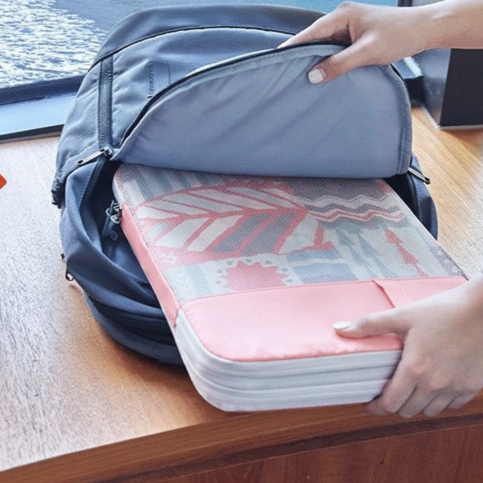 Sac de compression voyage compact avec système zippé, idéal pour optimiser le rangement dans un sac à dos ou bagage cabine.
