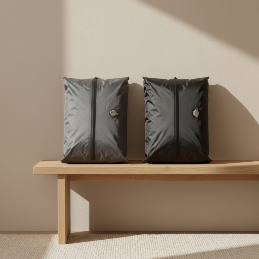 sac de compression voyage deux couleur noir gris présentation sur banc bois appuie sur mur