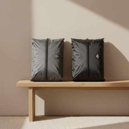 sac de compression voyage deux couleur noir gris présentation sur banc bois appuie sur mur