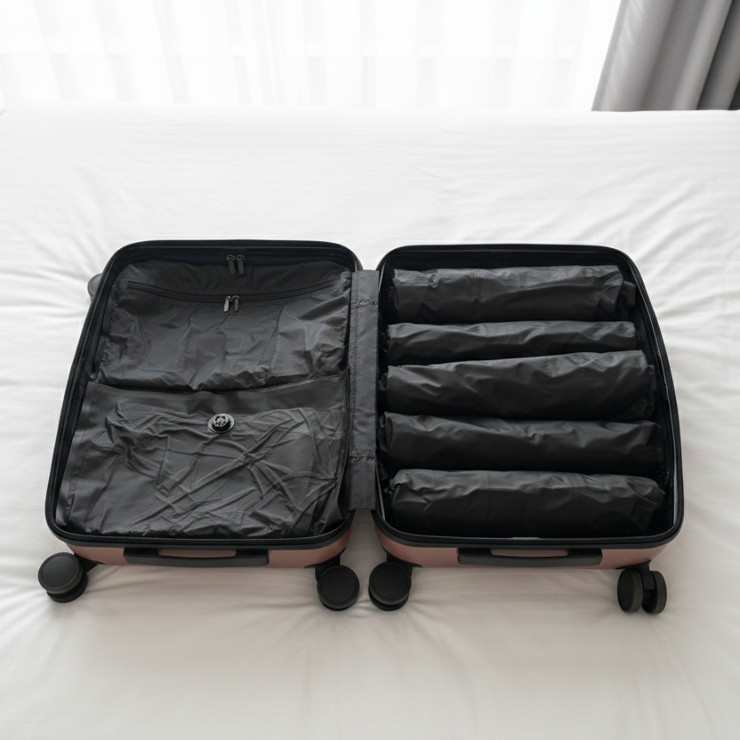 sac de compression voyage noir cinq roule dans valise cabine démonstration d'économie espace