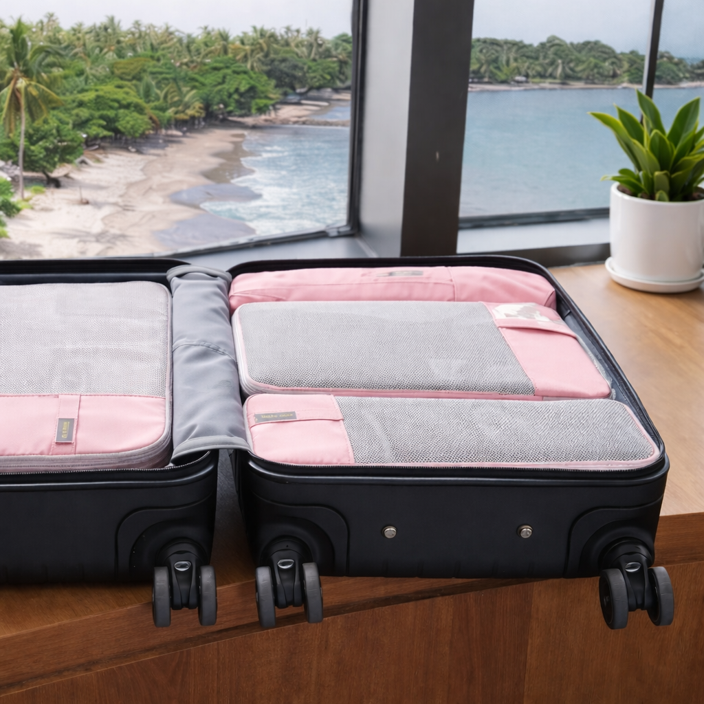 Sac de compression voyage rose placé dans une valise, conçu pour un rangement organisé et un gain de place optimal en déplacement.