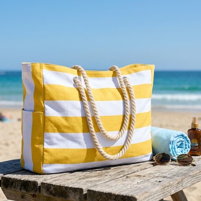 Sac de plage femme à rayures jaune et blanc posé sur une table à pique nique