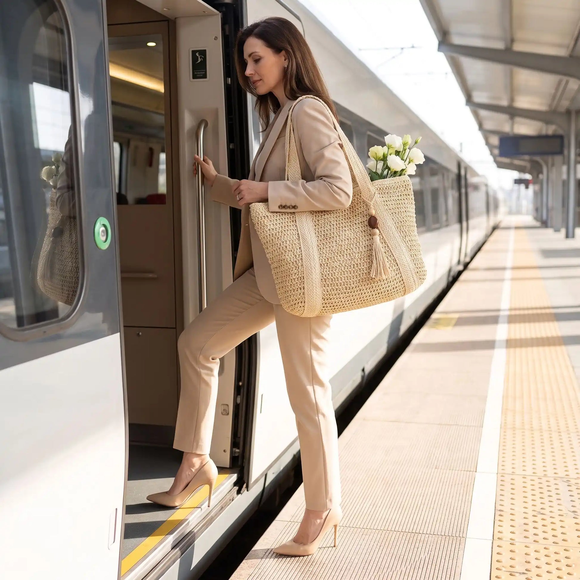 Sac de plage luxe tendance entrant dans un train