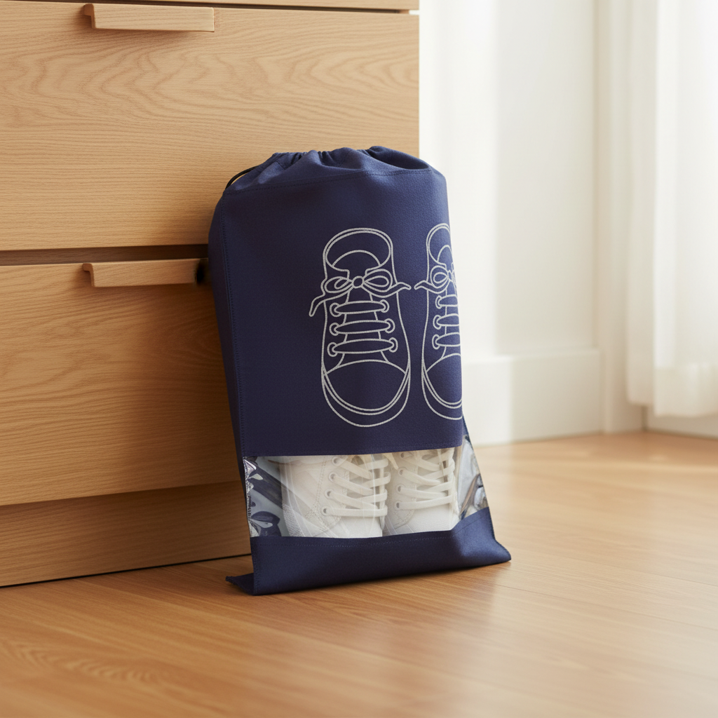 sac de rangement à chaussures bleu dans une chambre, posé contre une commode en bois, housse pratique et compacte pour organiser et protéger les chaussures en voyage