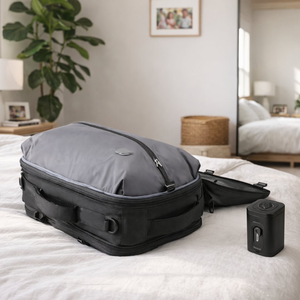 Sac de voyage à dos gris et noir posé sur fond blanc, montrant un design compact et structuré, accompagné d’un accessoire de compression pour optimiser le rangement sur un lit