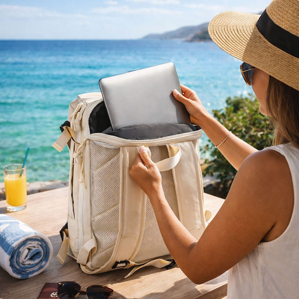 Femme avec beau chapeau style paille sortant un ordinateur portable d’un sac de voyage à dos beige face à la mer turquoise, illustrant un mode de vie nomade et globetrotteur.