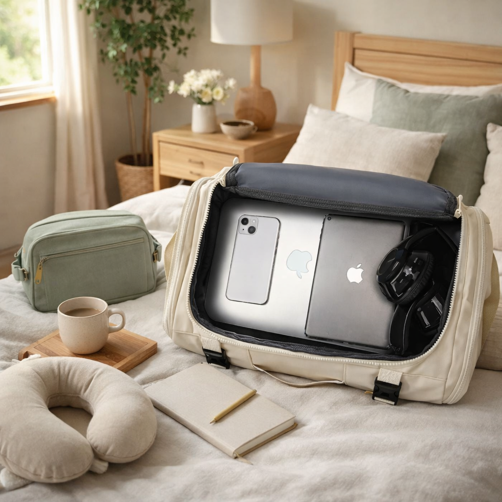 Sac de voyage à dos ouvert sur un lit, contenant ordinateur, casque et accessoires, montrant une organisation pratique pour le travail et le voyage. trousse de toilette, notebook, coussin prêt pour le départ.