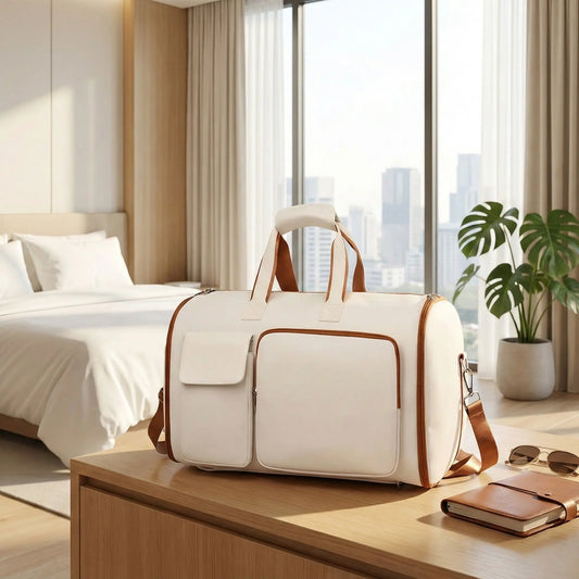 Sac de voyage blanc et marron posé sur une table, avec lunettes, carnet, lit en arrière-plan et vue urbaine par la fenêtre. Ambiance chic et ordonnée.