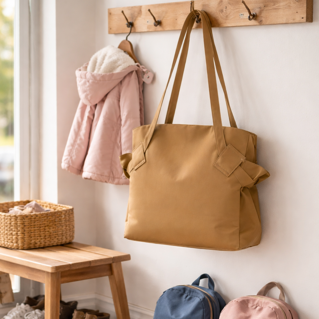 Sac de voyage femme beige élégant accroché sur porte-manteau dans une entrée de maison, style pratique pour voyage et quotidien.