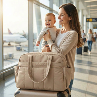 Sac de voyage femme beige caramel posé sur une valise, porté par une maman tenant son bébé dans un aéroport, pratique, spacieux et élégant pour voyager sereinement.