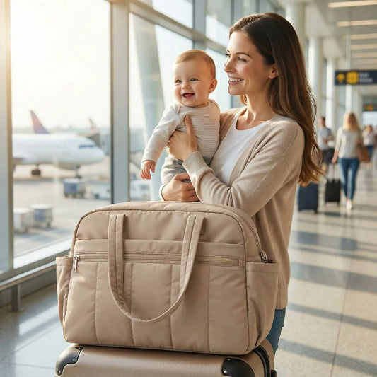 Sac de voyage femme beige caramel posé sur une valise, porté par une maman tenant son bébé dans un aéroport, pratique, spacieux et élégant pour voyager sereinement.