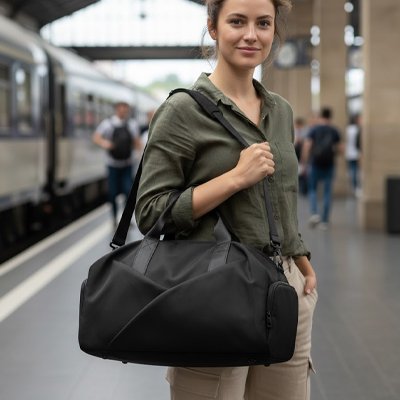 Sac de voyage femme sortie du train dans gare