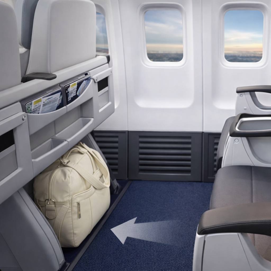 Sac de voyage femme beige rangé sous un siège d’avion, format cabine compact, idéal pour transporter les essentiels lors d’un vol confortable seule ou en famille.