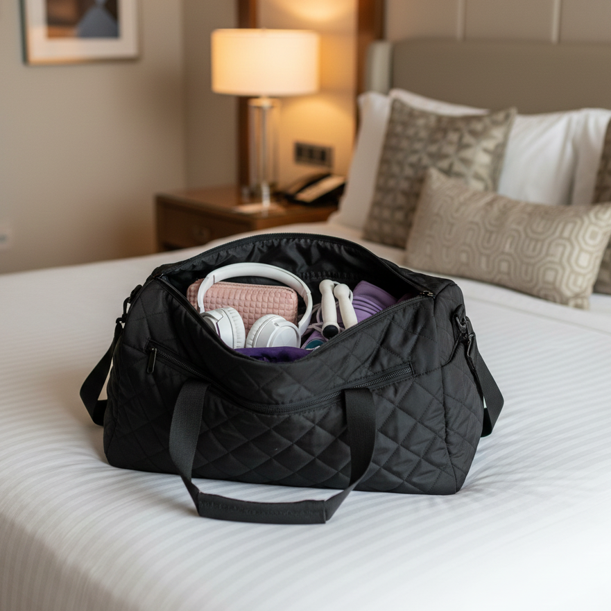Sac de voyage femme noir ouvert sur un lit d’hôtel, contenant accessoires et vêtements, illustrant une organisation pratique en déplacement.