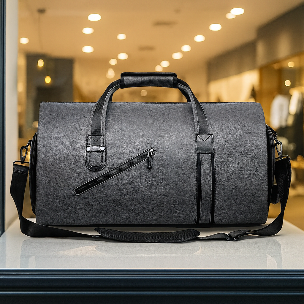 sac de voyage gris elegant style professionnel avec poignees et bandouliere expose en vitrine de magasin interieur lumineux