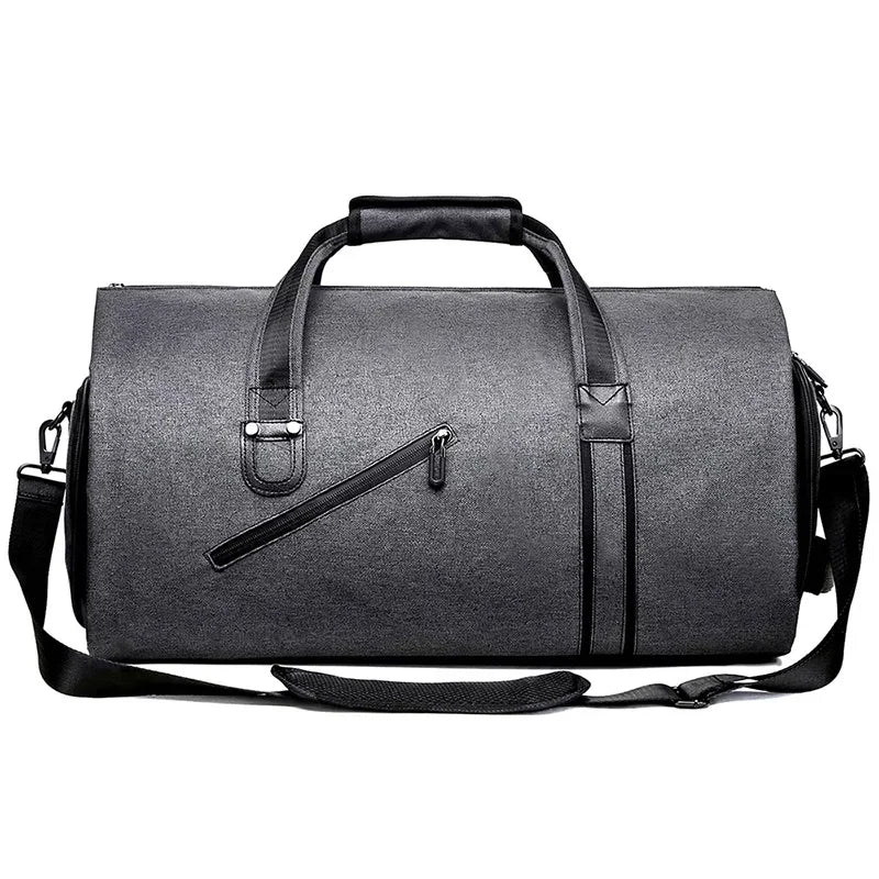 sac de voyage gris elegant style professionnel avec poignees et bandouliere sur fond blanc