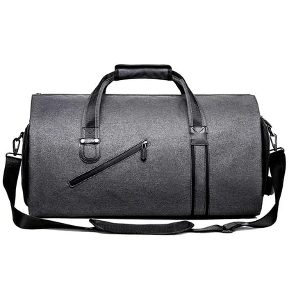 sac de voyage gris elegant style professionnel avec poignees et bandouliere sur fond blanc