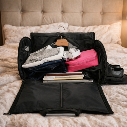 Sac de voyage homme ouvert sur un lit, rangement organisé avec vêtements, chaussures et accessoires, style pratique pour un départ facile et ordonné