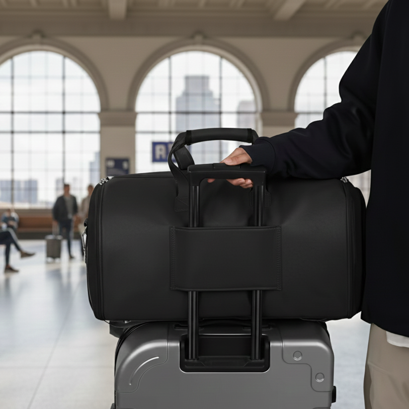 sac de voyage noir bandoulière format cabine design moderne poignées renforcées dans un gare de train sur valise trolley