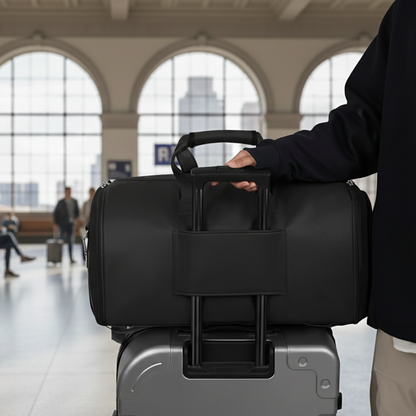 sac de voyage noir bandoulière format cabine design moderne poignées renforcées dans un gare de train sur valise trolley