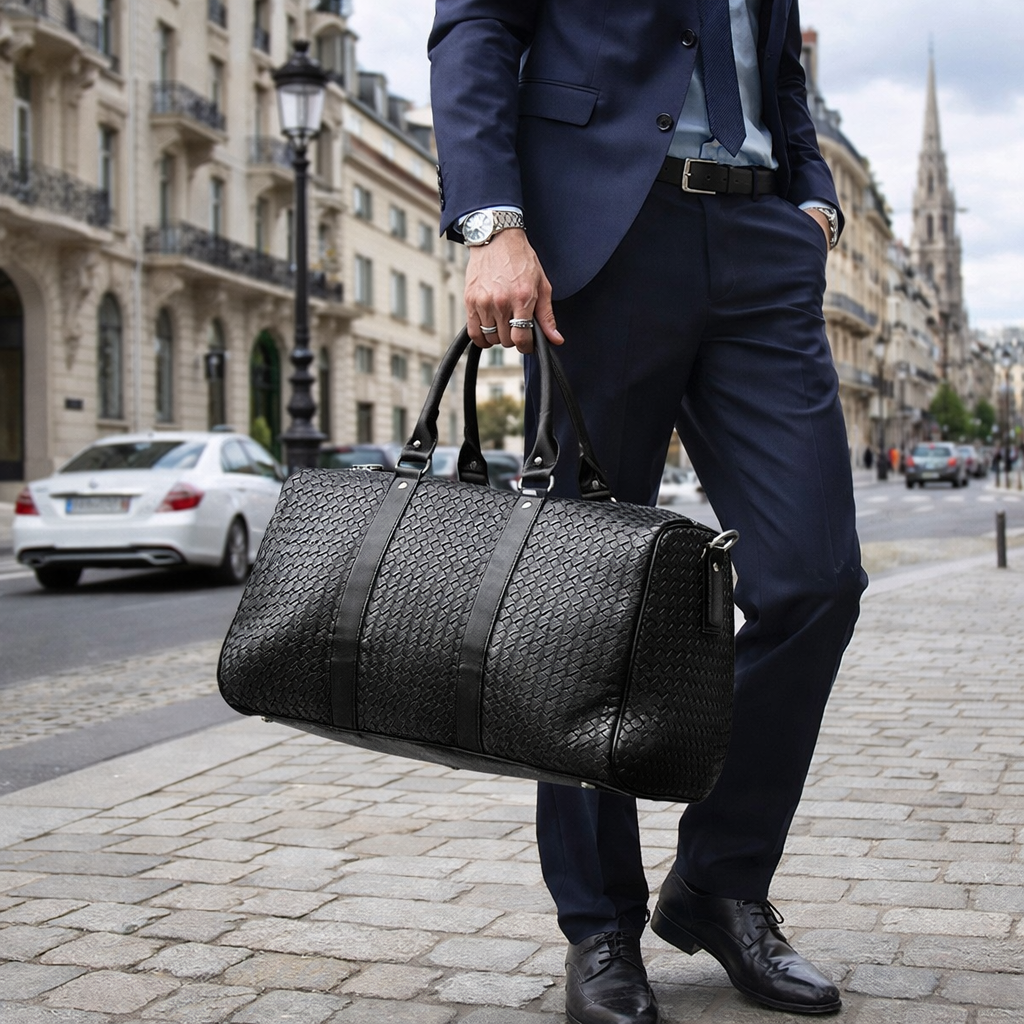 Sac de voyage noir effet cuir haute gamme, sac de voyage porté par un homme en costume, ambiance urbaine européenne élégante, déplacement professionnel.