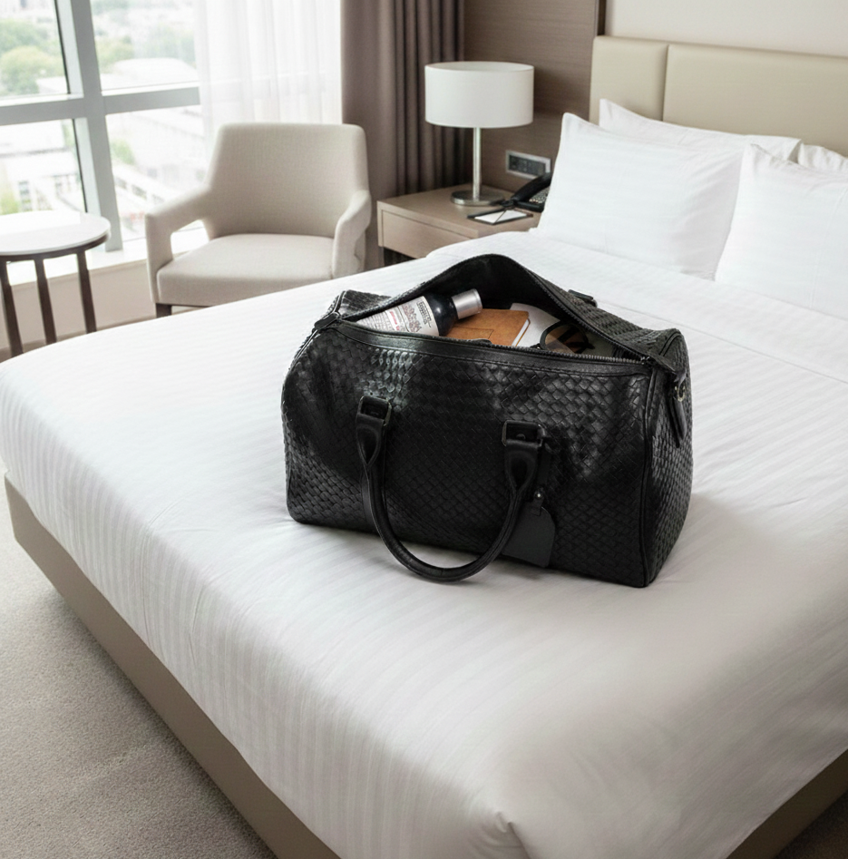 Sac de voyage voyageur noir effet cuir haute gamme, sac de voyage ouvert sur un lit d’hôtel lumineux, affaires visibles à l’intérieur, ambiance voyage confortable et organisé.