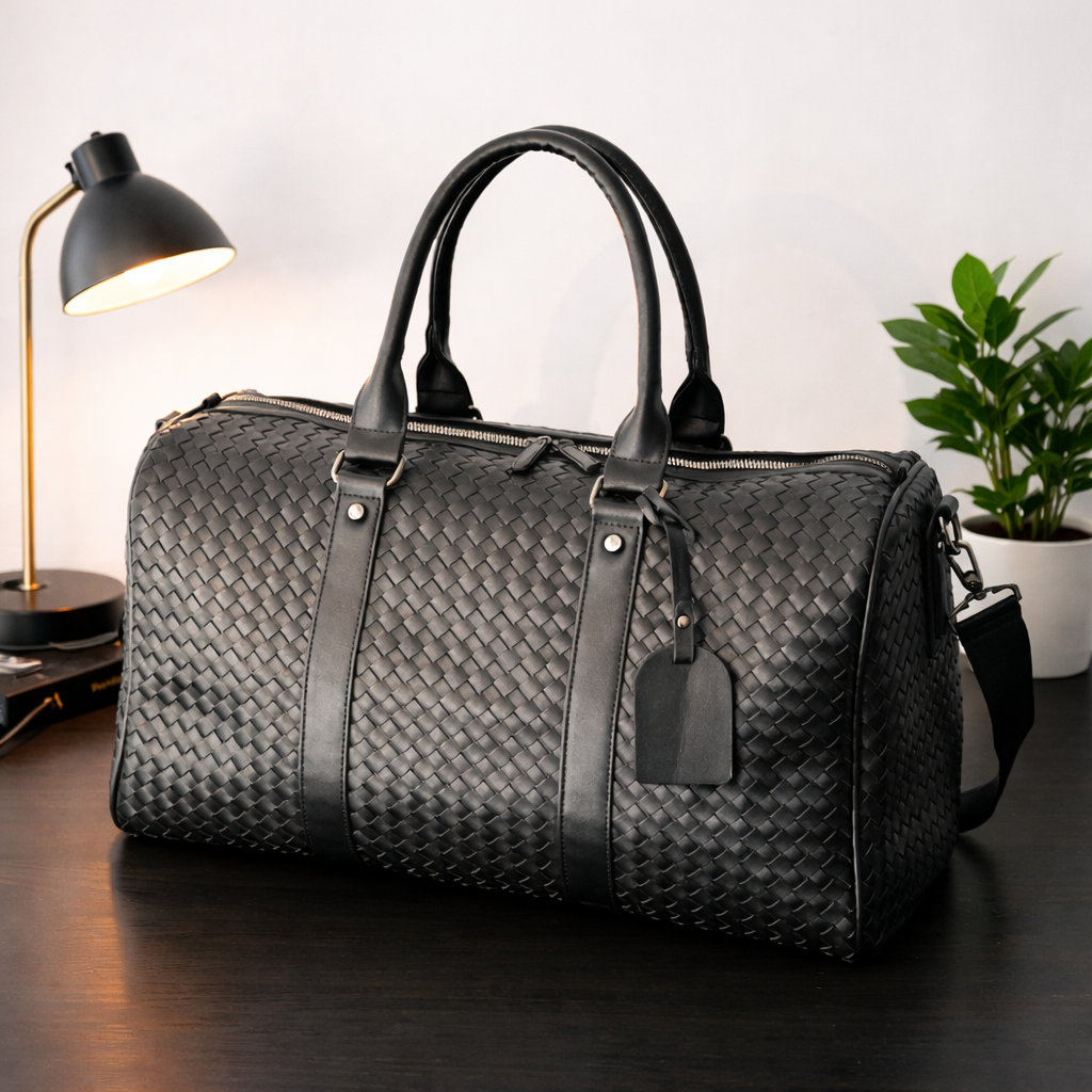 Sac de voyage noir effet cuir haute gamme, sac de voyage posé sur un bureau avec lampe noire et plante verte, ambiance travail chic et moderne.