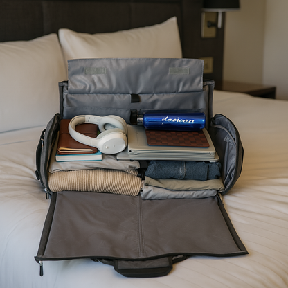 sac de voyage ouvert et organise sur un lit dhotel avec vetements ordinateur casque et accessoires style voyage professionnel