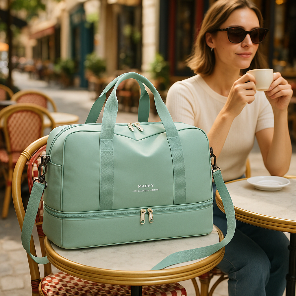 Sac de voyage vert posé sur une table de café en terrasse, ambiance urbaine et détente, lumière douce, style moderne, idéal pour déplacement