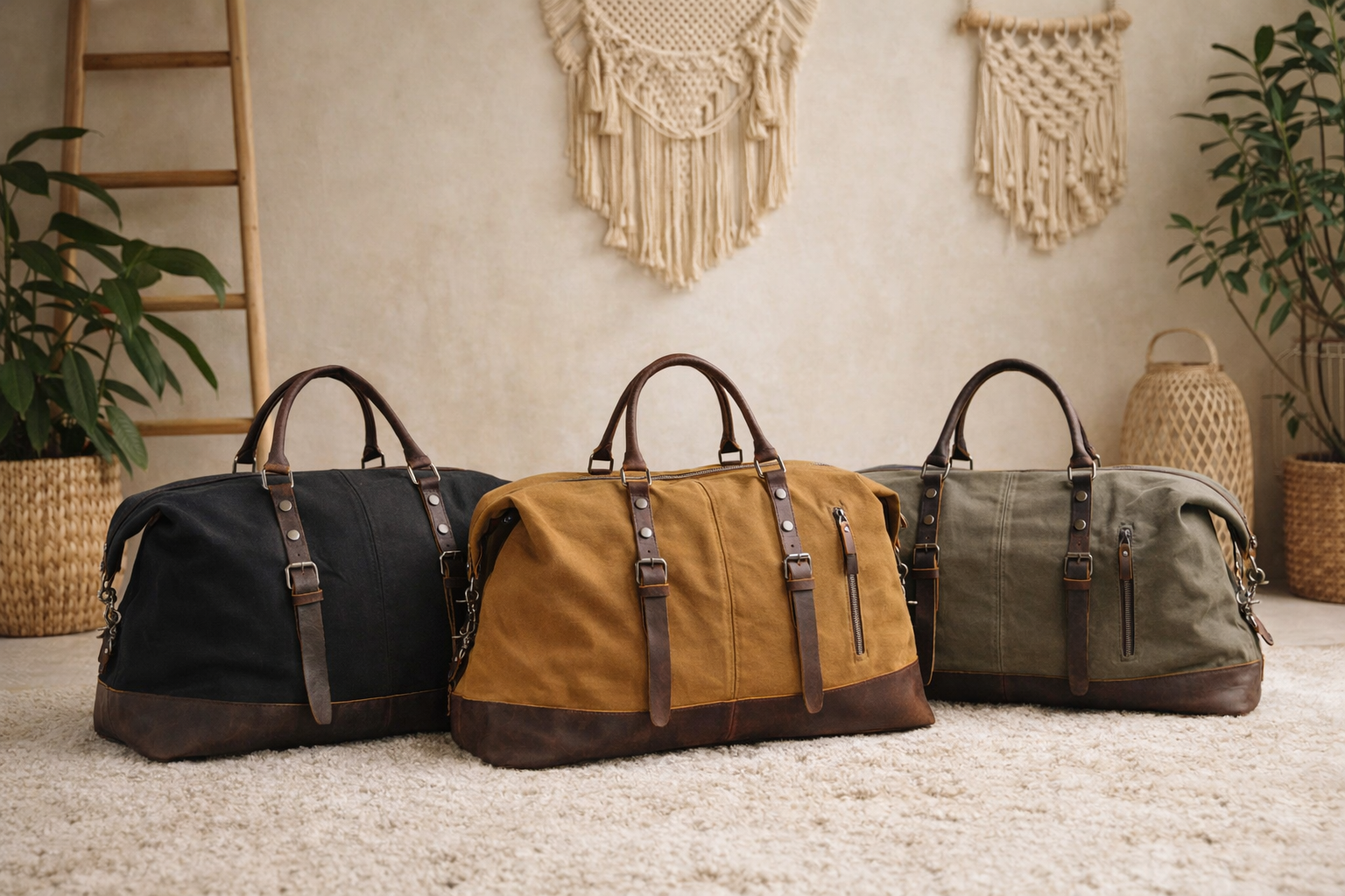 sac de weekend élégants en toile cirée noir camel et vert présentés dans une ambiance chaleureuse et naturelle esprit voyageur bohème
