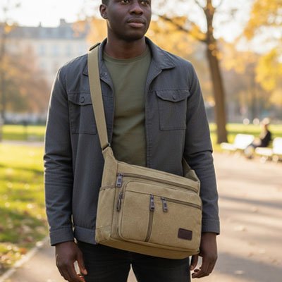 Sac en bandoulière homme style automne, ambiance chaleureuse aux teintes douces, design minimaliste, utilisation quotidienne pratique