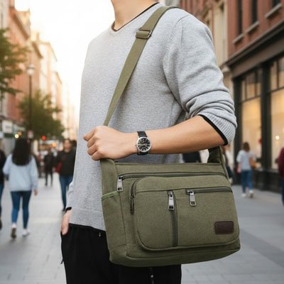 Sac en bandoulière homme vert porté en ville dans une rue commerçante animée avec boutiques et passants, style urbain moderne
