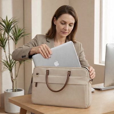Sac ordinateur femme beige, femme à son bureau à domicile glissant son ordinateur portable dans un sac élégant et sécurisé.