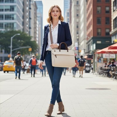 Sac ordinateur femme beige porté en ville, femme élégante marchant en centre-ville avec un sac chic et sécurisé pour ordinateur portable.