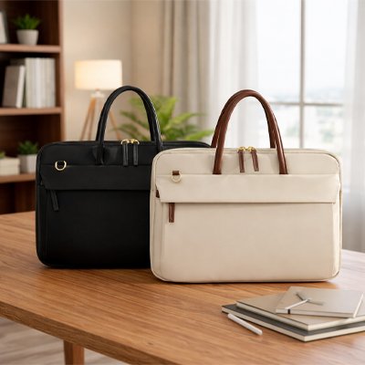 Sac ordinateur femme noir et beige posés sur un bureau à domicile, modèles élégants et spacieux pour transporter un ordinateur portable en sécurité.