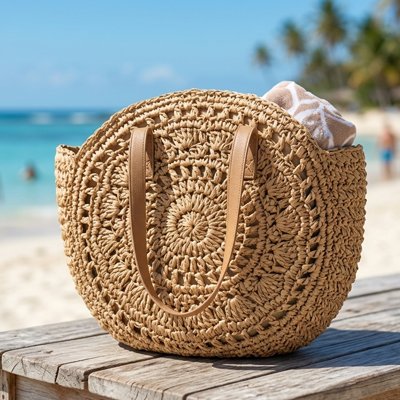 sac plage sur table sous les tropic