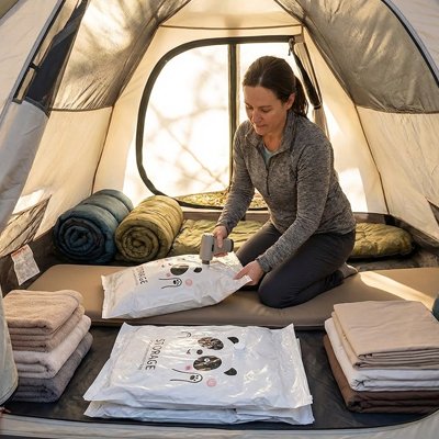 Sac sous vide optimisant le voyage, femme souriante dans une tente avec plusieurs sacs compressés avec pompe qui prépare son départ 