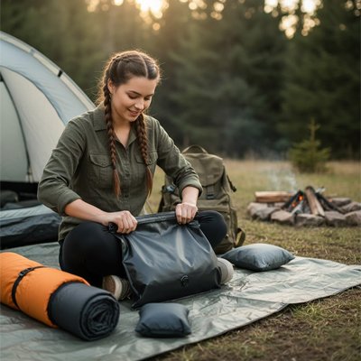 Sac sous vide pour valise noir en ambiance camping et aventure, vêtements compressés en extérieur, rangement compact idéal pour voyage et plein air.