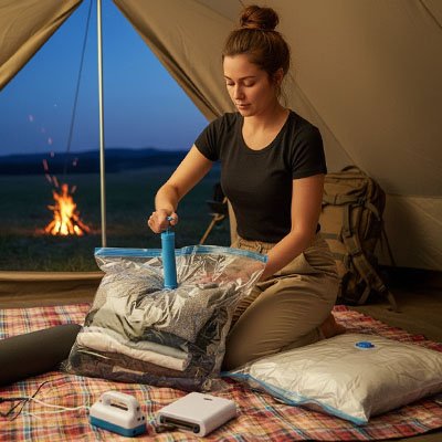 Sac sous vide pour voyage utilise en camping avec pompe manuelle, rangement compact de vêtements dans tente avec feu de camp