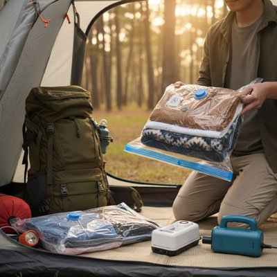Sac sous vide pour voyage utilise en camping dans tente ouverte