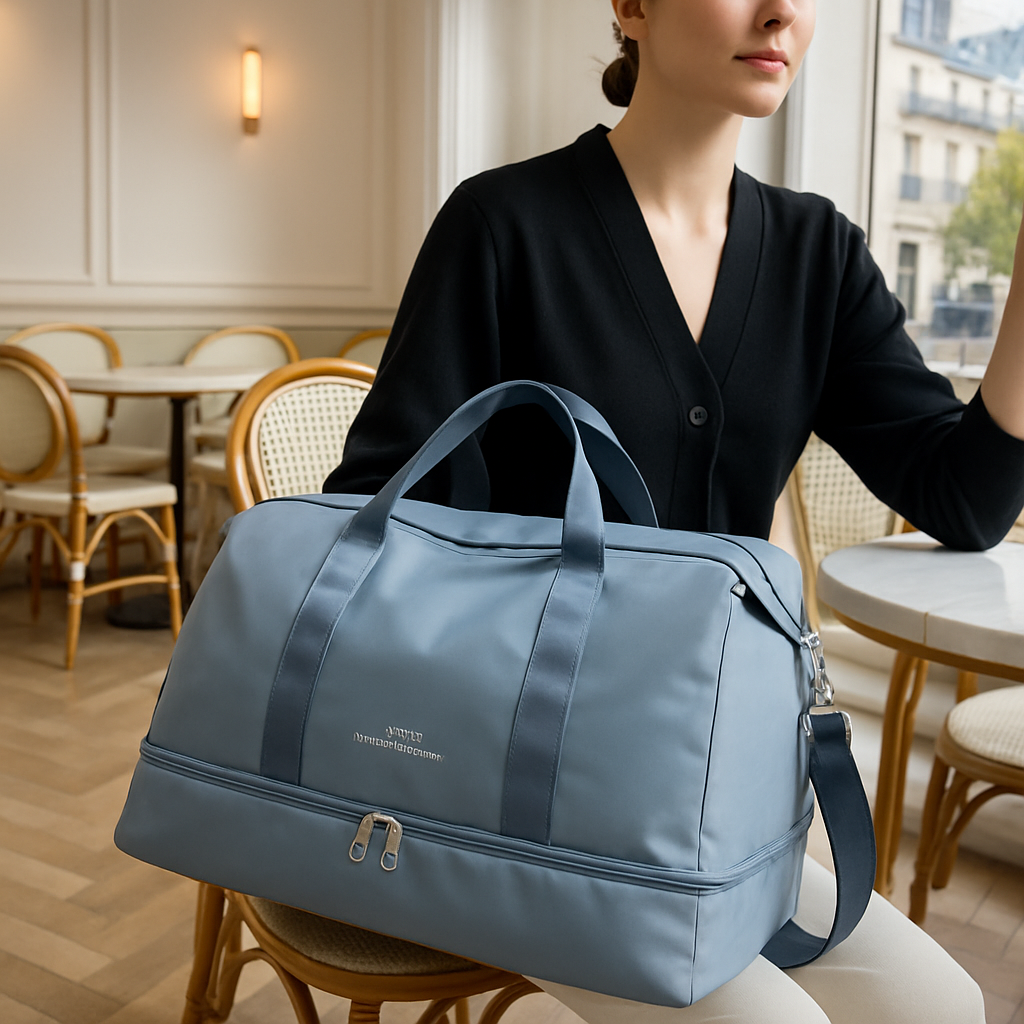 sac voyage bleu femme prend cafe 