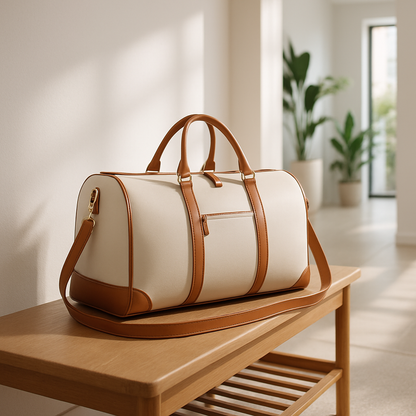Sac de voyage élégant beige et marron posé sur une table en bois, design minimaliste, intérieur lumineux, style chic et pratique pour déplacement